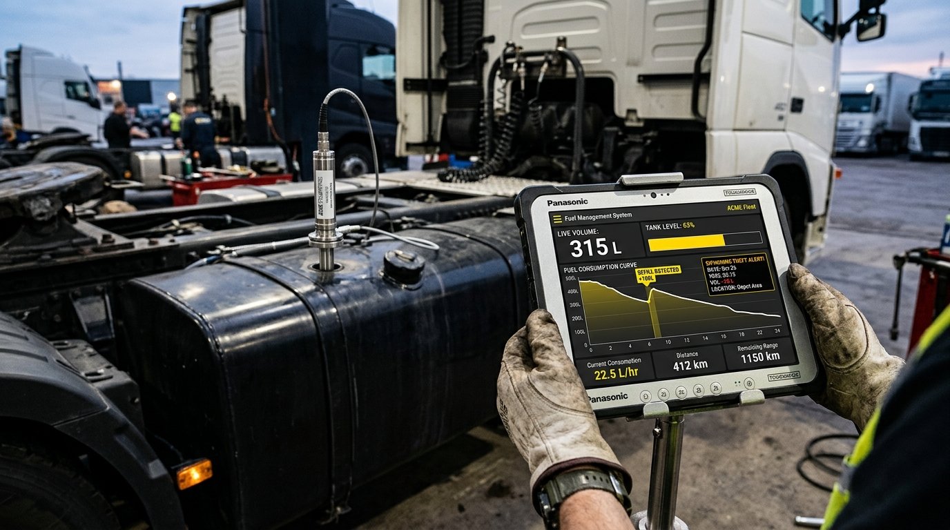 Installation professionnelle de sonde de niveau de carburant sur réservoir de camion avec tablette télématique affichant la courbe de consommation et l'alerte vol