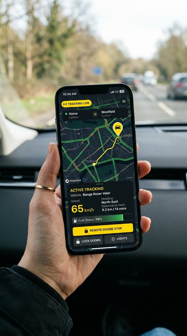 Application mobile Trackmar GPS sur smartphone avec carte satellite en direct, vitesse 65 km/h et bouton de coupure moteur