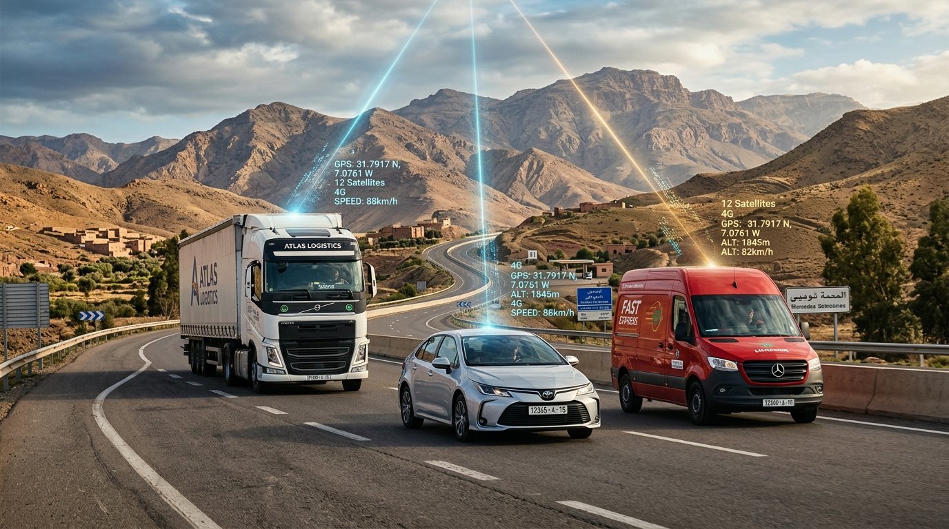 Flotte de transport et voitures équipées de traceurs GPS au Maroc sur autoroute